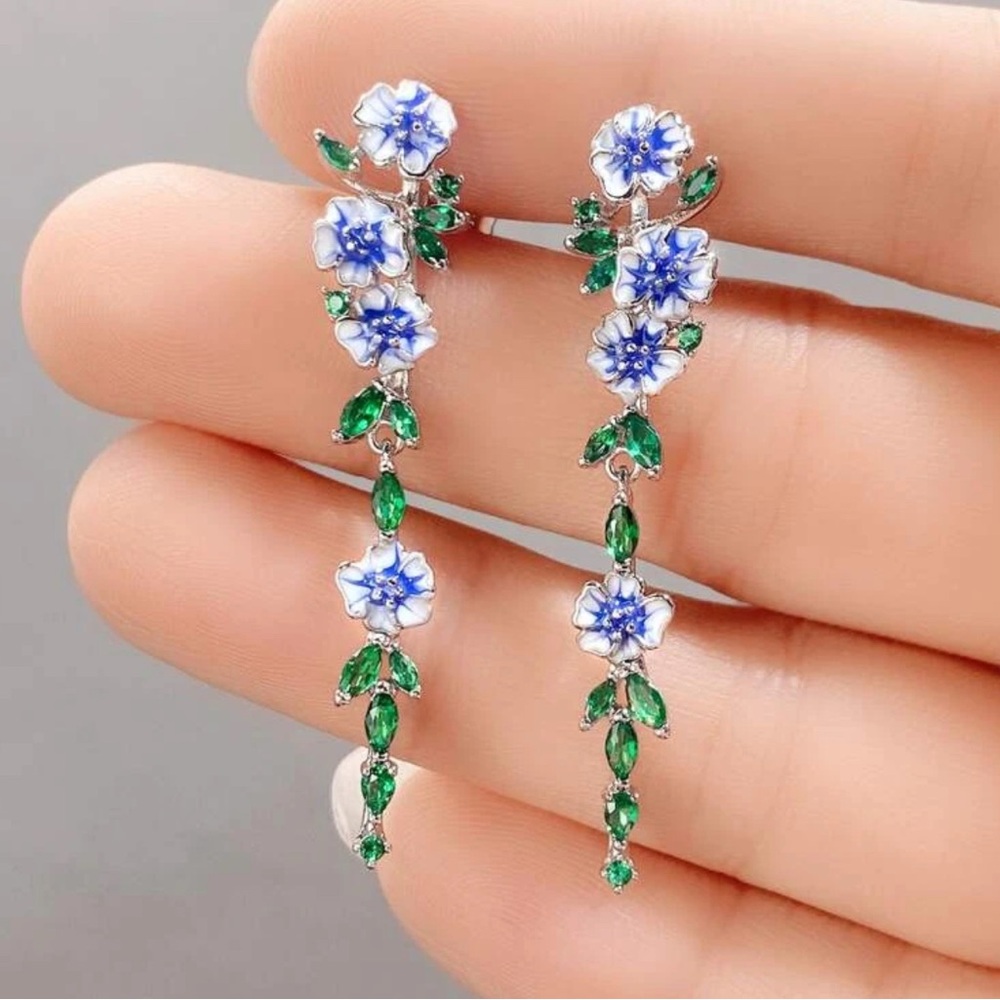 925 sterling silver Blue and Green Floral Dangle …